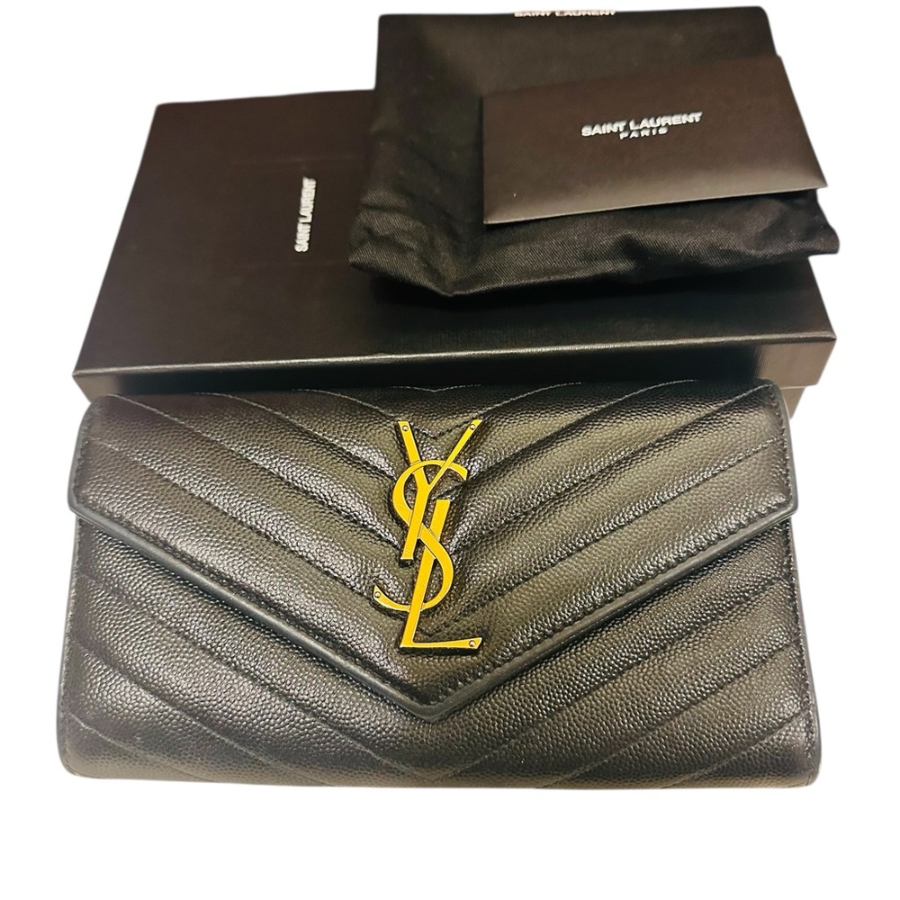 Saint Laurent Monogram Matelassé Leather Flap Wallet — Black
